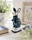 Vintage Blue White Ceramic Rabbit Figurine Floral Bunny Hare Statue 7 5   