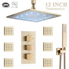 Brushed Gold Shower Faucet Set 12 Inch Led Rain Head Thermostatic System Ceiling