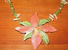 Vtg Lee Sands Flower Abalone Mop Inlay W  Peridot  Rose Quartz Pendant Necklace