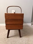 Vintage Wooden Accordion Sewing Box 3 Tier Cantilever Legs Sewing Supplies