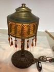 Antique Embossed Cast Iron Table Lamp Base W  Amber Curved Glass Shade  4533