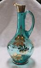 Gorgeous   Bohemian Aqua Blue Glass Decanter Barware Gold Gilded Mcm Vintage 