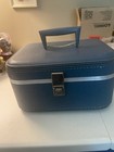 Vintage Blue Hard Shell Leather Train Cosmetics Case Travel Smart - No Key