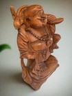Happy Laughing Lucky Buddha Statue Mahogany Wood Hand Carved 12 x 8 x 5 