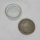 Silver Metal Lid Crystal Glass Powder Jar Vanity Dish Antique Trinket Box Vtg