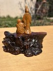 Shoushan Stone Chinese Hand Carved Old Woman W boy 2 2    W burl Wood Stand 3 5x1   