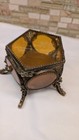 Vintage Ormolu Filigree Jewelry Box Amber Beveled Glass Boudoir Casket Antique