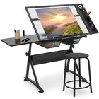 53  Drafting Table Adjustable Tempered Glass Craft Drawing Work Station W stool