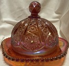 Vintage Indiana Glass Sunset Red Carnival Hobstar Uv Reactive Covered Dish Glows