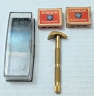 Vintage Merkur Germany Gold Tone Moustache   Beard Safety Razor W blades 