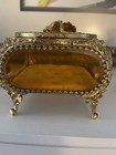 24k Gold Plated -vintage Ormolu Filigree Footed Casket Jewelry Box Beveled Glass