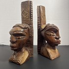 Vintage Hand Carved Wooden African Tribal Bust Bookends Pair Sculptural Art Boho