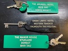         3 Vintage English Hotel Keys     Huge Oversized Fobs     Skeleton Key 
