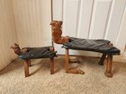 Vintage Middle Eastern Hand Carved Wood Camel Foot Stools Black Leather Cushions