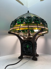 Vintage Art Nouveau Green Slag Glass Table Lamp W  Embossed Cabochons   Figural