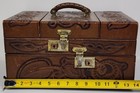 Vintage Tooled Leather Train Makeup Case Box Chest With Handle Western Boho