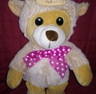 Dan Dee Brown Teddy Bear In Tan Sheep Suit Pink Nylon Bow Dots Soft 12in Plush