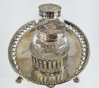 Antique English Sheffield Silver Plate Standish Inkwell Set Glass Crystal