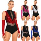 Women Bodysuit Mesh Outfit Dance Dancewear Sleeveless Leotard Sheer Sequin Back