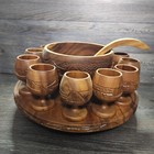 Hand Carved Vintage Tiki Punch Bowl With Ladle And 12 Goblets On Lazy Susan