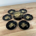 Vtg Otagiri   flower Cart  5 Piece Coaster Set With Holder Black Lacquer