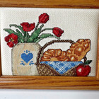 Vtg Framed Stitched Needlepoint Tulip Floral Pastries Apple Completed 7 x9 