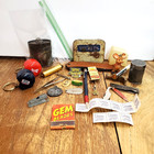 Antique Vintage Junk Drawer Lot Pin Backs  Tins  Stamps  Trinkets  Pens   More
