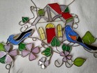 Vintage Stained Glass 12  X 17  Sun Catcher Bird House And Pink Flowers
