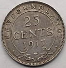 1917 Newfoundland 25 Cents Silver Coin Very Fine  vf  Condition