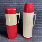 Vintage Thermos Picnic Camping Set Thermoses Storage Container   Red Plaid Bag