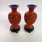 Pair Vintage Chinese Cinnabar Lacquer Vases 7  Beijing Carved Forbidden City