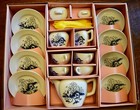 Old Stock Japan Child s Blue   White China Tea Set In Box  8441
