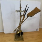 Vintage Five  5  Piece Wrought Iron  Fireplace Tool Set Brass W  Stand 31 