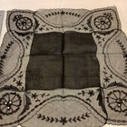2904    vintage Designer Black Goth Wedding Handkerchief Lace Linen Rhinestone Tag