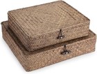 Set Of 2 Flat Woven Wicker Storage Bins With Lid Natural Seagrass Basket Mult   