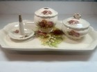 1930s Porcelain Vanity dresser Set   florals 5pc Ring powder  trinket Jars tray