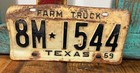 Vintage Old 1969 Texas Farm Truck License Plate 8m 1544  White   Black  Man Cave