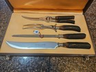 J a  Henckles Soligen Antler Handle Antique  Carving 4 Pc Set Box Knife Fork  