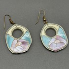Vintage Lee Sands Earrings Mother Of Pearl Floral Shell Inlay Dangle Drop Pastel