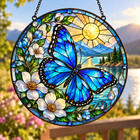 Blue Butterfly Suncatcher Ornament  Stained Glass Floral Window Hanging
