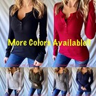 Women s Basic Button Front Long Sleeve Waffle Knit Thermal Stretch Henley Top 
