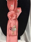 Nicole Miller Women s Pink Satin Neck Tie Solid Rosette Flower W flamingo Brooch