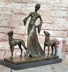 Bronze Statue  Art Deco Woman With Greyhounds Signed Milo Hand Made Artwork