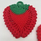 Vtg Set Of 3 Strawberry Hand Knit Crochet Hot Pad Pot Holders 1 W hanging Loop