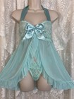 Vtg M L Seafoam Aqua Lace Halter Sheer Babydoll Nightie W Ruffles   Bonus Panty