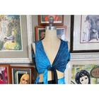 Vintage 1980s Sarong Set Blue Floral Crop Top Wrap Skirt Tiki Resort Wear Poly