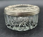 Vtg  Victorian Round Glass Dresser Vanity Jar Silver metal Lid Felt Lining 1940s