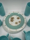 Vintage 1960s Toy Dishes Turquoise Speckled Plastic Tin Plates Tea Set Lot