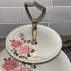 Vtg Mcm 2-tiered Pink Roses Server Cake Dessert Stand Tray W metal Handle