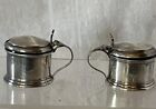 English Sterling Pair Miniature individal Cobalt Glass Mustard Pots Birmingham